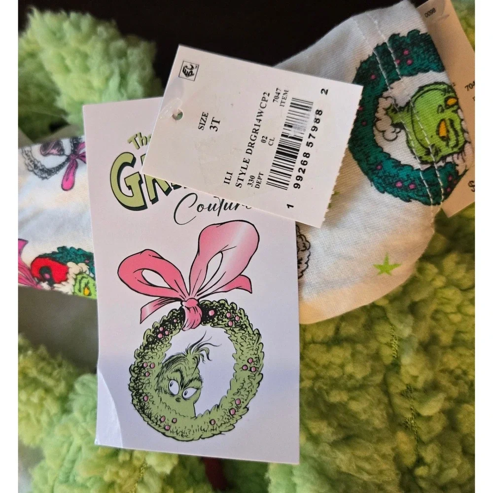 Dr Seuss The Grinch Couture Girls 2 Piece Faux Fur Overall Skirt & Tee Set 3T